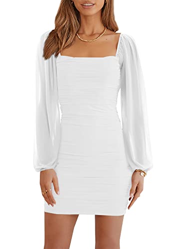 Wenrine Damen Mesh Langarm Square Neck Rüschen Party Club Cocktail Bodycon Mini Kleid(Weiß,S)