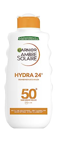 Garnier Ambre Solaire Hydra 24H Sonnenschutz-Milch LSF 50+, schnell einziehend, nicht fettend, wasserfest, 200 ml