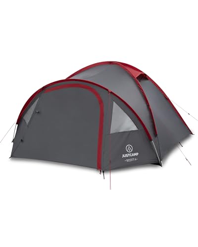 Justcamp Scott Campingzelt für 4 Personen, leicht, stabil, wasserdicht - Kuppelzelt (doppelwandig) mit verschließbarem Vorraum - Iglu-Zelt mit Lüftungshutzen und Moskitonetz an der...