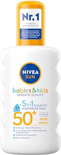 NIVEA SUN Babies & Kids Sensitiv Schutz Sonnenspray LSF 50+ (200 ml), extra wasserfestes Sonnencreme Spray für Kinder, Sonnenmilch als praktisches Spray ohne Parfüm