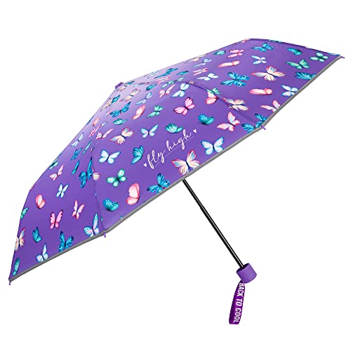 PERLETTI Violett Kinder Regenschirm für Mädchen - Kinderschirm Reflektierend mit Rosa Blau Schmetterlingen - Taschenschirm Kompakt Windsicher Sturmfest 7+ Jahre - Durchmesser 91 cm...