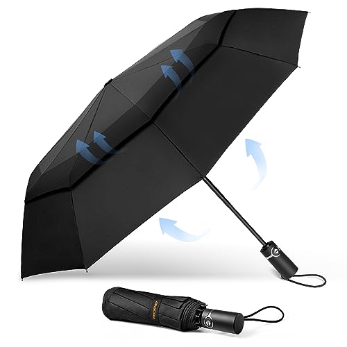 TECKNET Automatik Regenschirm für Regen, Starker Windfest Regensicher Schirm mit 10 Rippen, Sturmfest Groß Taschenschirm für Wind schutz, Faltbar kompakte Reise Golf Umbrella, Schwarz