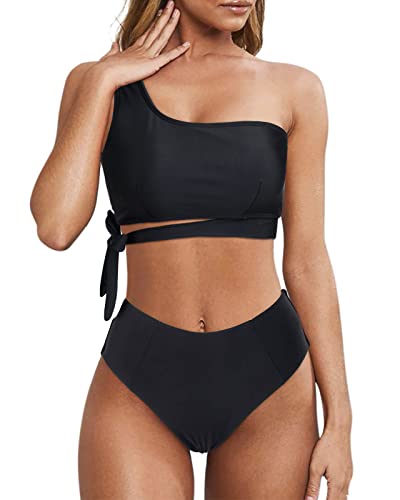 Wantonfy Damen Bikini Sets High Waist Schwimmanzug Zweiteiliger Badeanzug EIN Schulter Bademode Swimsuit, Schwarz,XL