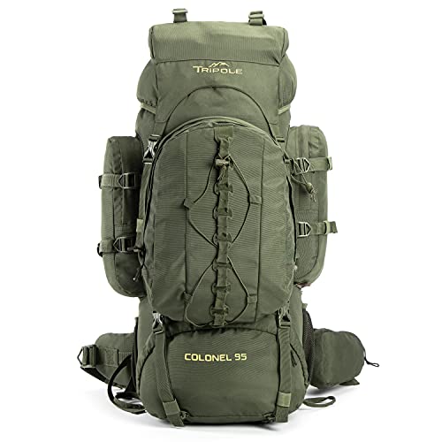 Tripole Rucksack Colonel 95 Liter mit abnehmbarem Rucksack - Wandern, Trekking, Reisen, Camping, Wasserdicht, mit atmungsaktivem Rückenpaneel, Militärgrün