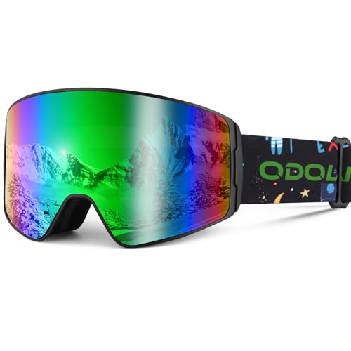 Odoland Skibrille Kinder Unisex Snowboardbrille Helmkompatible mit UV-Schutz und Anti-Beschlage für Jungen und Mädchen zum Skifahren Grün