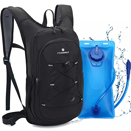 TTIAISHLE Trinkrucksack mit 2L Trinkblase,Fahrradrucksack Wasserrucksack zum Wandern, Radfahren, Camping, Radfahren, Laufen oder Skifahren (Schwarz (Blaue Trinkblase))