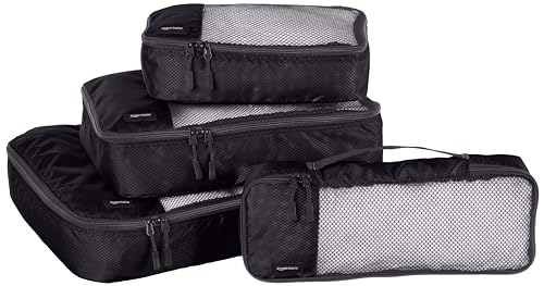 Amazon Basics Packwürfel Set für Koffer, Reise Organizer, Reißverschluss, 4 Teilig, Groß, Mittelgroß, Klein, Schmal, Schwarz