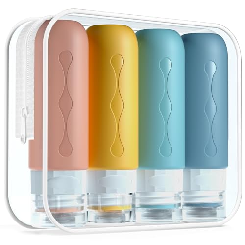 Gemice Silikon Reiseflaschen 90ml Set, 4 Stück auslaufsichere Reise Container und Reise Toilettenartikel Set, FDA zugelassene nachfüllbare Flüssigkeitsbehälter für Shampoo Creme Spülung...