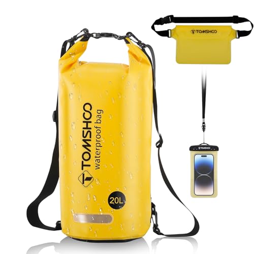 TOMSHOO Dry Bag Set, 10L/20L Wasserdicht Rucksack mit Wasserfester Handytasche & Tasche, Verstellbarer Schultergurt, Waterproof Backpack für Kajak Fahren, Wandern, Camping, mehr, 10L, Gelb