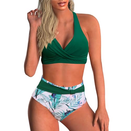 Baynetin Damen Bikini Set Zweiteiliger Badeanzug V Ausschnitt überkreuztes Blumenmuster Sexy Push Up Bademode Bauchkontrolle Swimsuit (Grüne Blätter, L)