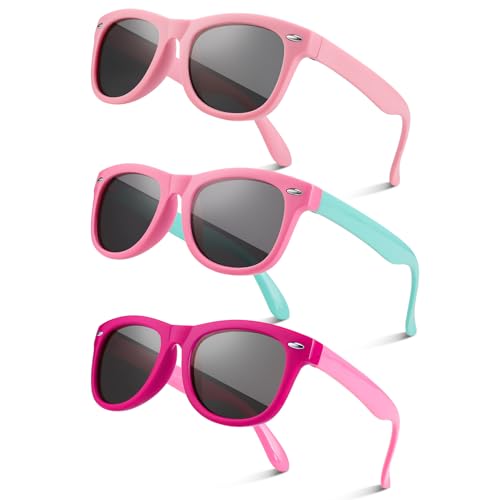 Utensilsto 3 Stück Sonnenbrille Kinder Polarisiert Flexible Sonnenbrille Silikon Rahmen Sonnenbrille Für Jungen Mädchen 4-8Jahre(Rosa+Rot)