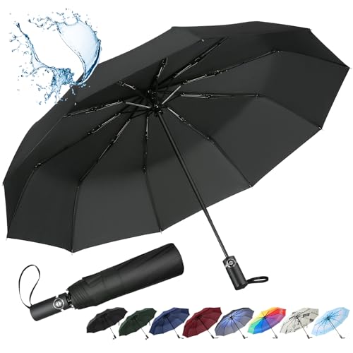 inaWarm Regenschirm Automatik auf und zu, Taschenschirm Windfest mit Teflon-Beschichtung und 10 Fiberglasrippen, Kompakter Regenschirm Sturmfest für Herren und Damen (Schwarz)