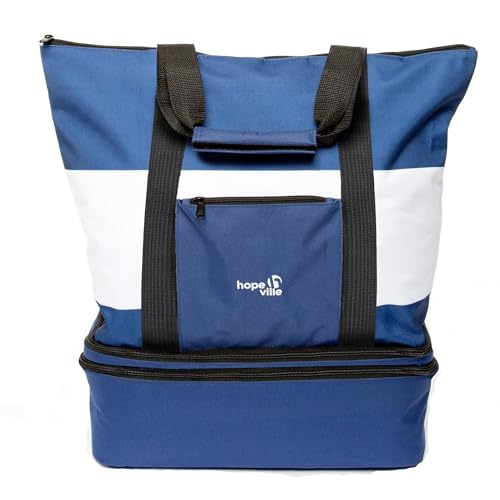 Hopeville große XXL Strandtasche mit Reißverschluss und integrierter Kühltasche, wasserabweisende Familien Picknicktasche im Marine-Look für Urlaub, Picknick und Shopping (Blau-Weiß)
