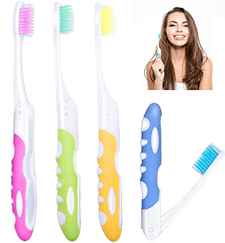 4 faltbare Reisezahnbürsten, tragbare weiche Zahnbürste mit weicher Borstenbürste, können für empfindliches Zahnfleisch auf Reisen verwendet werden, vier Farben (gelb, blau, grün, pink)