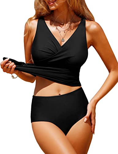 UMIPUBO Tankini Damen Bauchweg Sexy V-Ausschnitt Badeanzug Sets Große Größen Push up Bademoden Hight Waist Bikini Set Badehose(Schwarz,XXL)