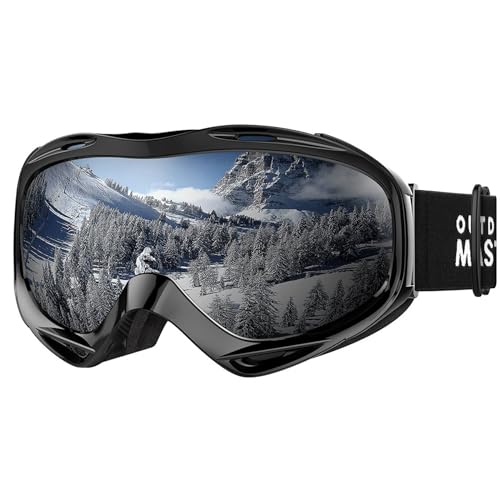 OutdoorMaster Skibrille, Snowboardbrille Schneebrille OTG 100% UV-Schutz, helmkompatible Ski Goggles für Damen&Herren/Jungen&Mädchen(Schwarzer Rahmen + VLT 10% graue Gläser mit REVO Silber)