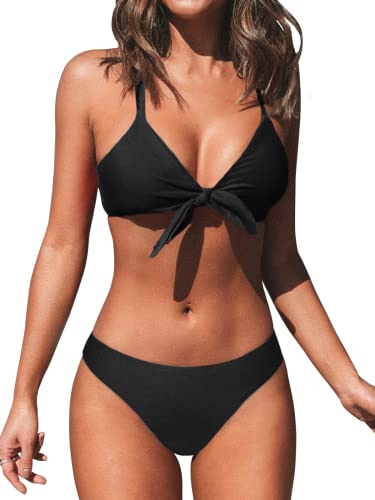 CUPSHE Damen Bikini Set V Ausschnitt Low Waist Crossback Knoten Bademode Zweiteiliger Badeanzug Swimsuit Reines Schwarz XL