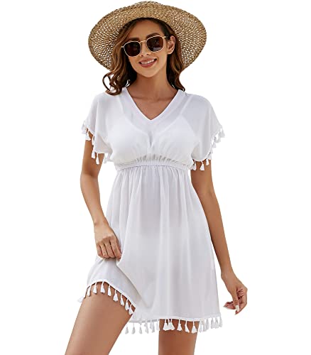 Onfettic Damen Strandkleid Sommer Badeanzug Strandtunika Chiffon Strandponcho Sommerkleider Bikini Cover mit V-Ausschnitt (Weiß, L)