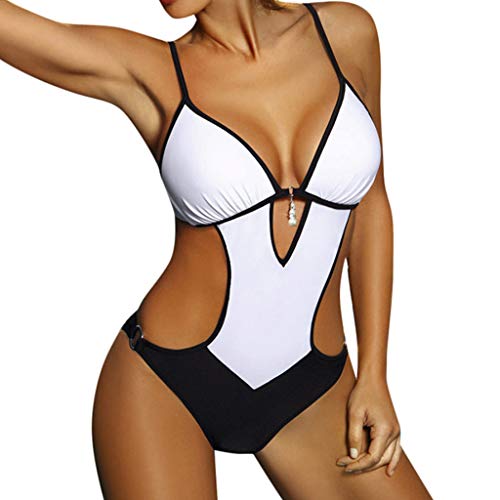 Damen Badeanzug Einteilege Wickel Push Up Bademode Figurformend Bauchweg Bikini Große Größe Cut Out Einteilige Strandmode Swimsuit (White, L)