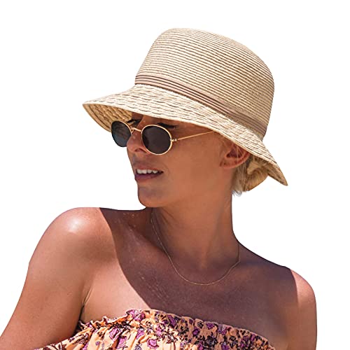 Comhats Damen Sonnenhut Faltbarer Strohhut für am Strand UV Schutz Sommerhut Garten Beige M