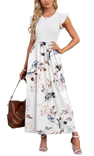 AUSELILY Damen Kleid mit Taschen Blumenmuster Lässiges Lockeres Sommer Rundhalsausschnitt Kurzarm Strandkleid(Weiße Blume,S)