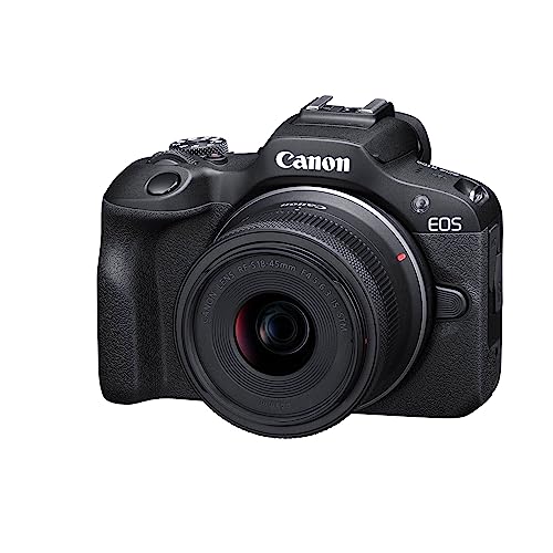 Canon EOS R100 Spiegellose Kamera + RF-S 18-45mm IS STM Objektiv (Kompaktkamera, 4k Videokamera, Digitalkamera mit Autofokus und Motiverkennung für Augen Tiere Fahrzeuge, Filter- und...