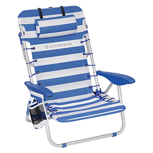 SONGMICS Strandstuhl, Campingstuhl, Klappstuhl, Outdoor-Stuhl, tragbar, mit Schultergurten, klappbar, verstellbare Rückenlehne, mit Kopfstütze, Armlehnen, 2 Seitentaschen, blau-weiß GCB62BU
