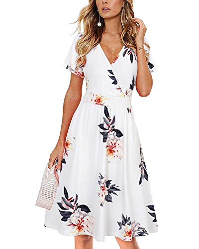 VOTEPRETTY Sommerkleid Damen Knielang Kleid Kurzarm V Ausschnitt Wickelkleid Blumen Strandkleid mit Taschen