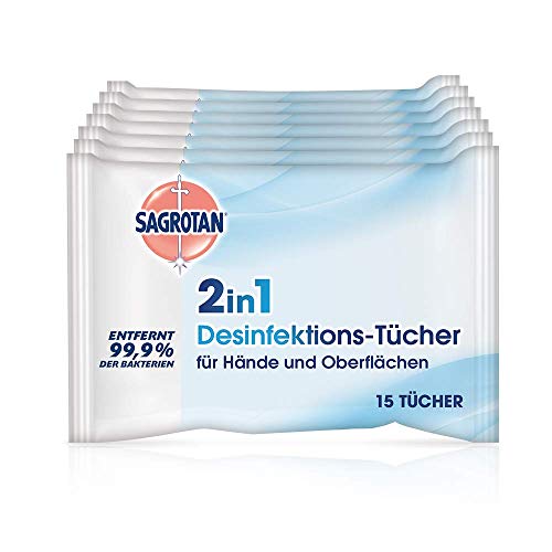 Sagrotan 2in1-Desinfektionstücher – Zum Desinfizieren von Händen und Oberflächen – 7 x 15 Feuchttücher in wiederverschließbarer Verpackung
