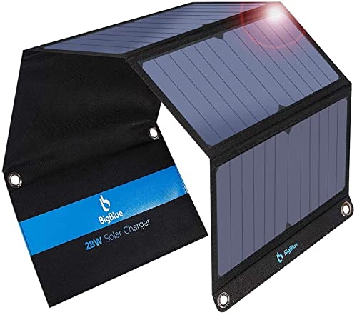 BigBlue 28W Tragbar Solar Ladegerät 2-Port USB(5V/4A insgesamt), IPX4 SunPower Solarpanel mit Digital Amperemeter und Reißverschluss zum Schutz für Wiederaufladen USB-Geräte -iPhone Android...