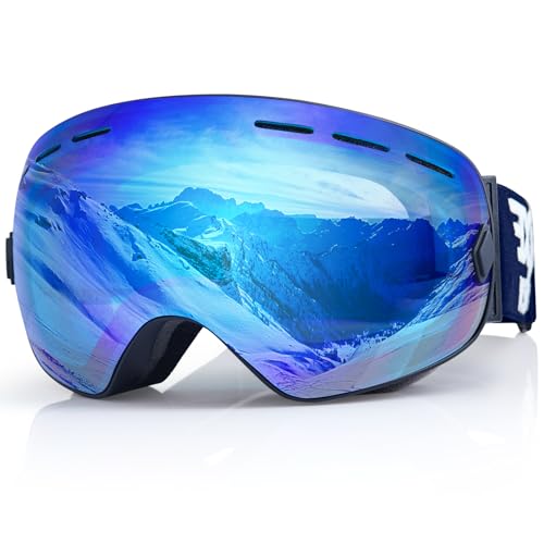 EXP VISION Snowboard Skibrille für Herren Damen Jugend, 100% UV400 Schutz Anti Beschlag über der Brille Winter Schneebrille mit sphärischer abnehmbarer Scheibe (Blue)