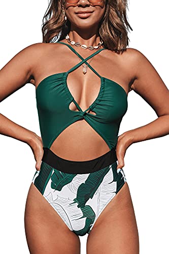CUPSHE Damen Badeanzug Neckholder Schnürung Monokini Tropischer Blätterprint Crossover Einteilige Bademode Swimsuit Grün M