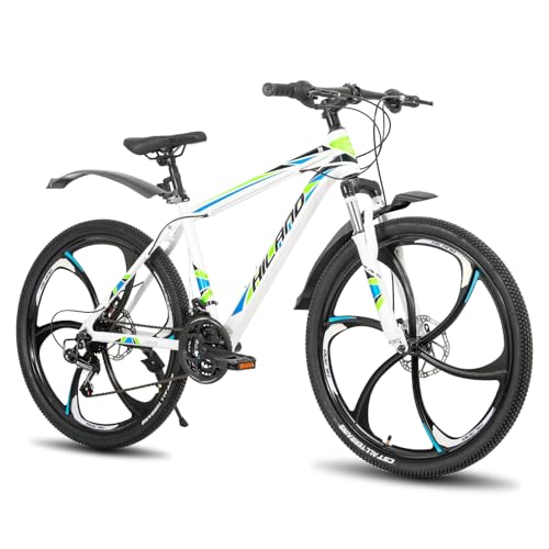 Hiland 26 Zoll Mountainbike MTB mit Aluminiumrahmen Scheibenbremse Federgabel 6 Speichenräder für Jugendliche Fahrrad Herren Damen Jungen Mädchen Weiß