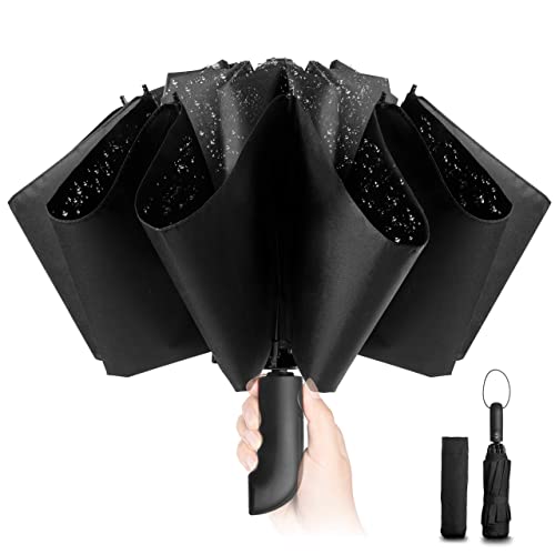 Kompakter Faltbarer Regenschirm sturmfest– mit Automatik windsicher schwarz faltet Sich nach innen für Herren, 210T Teflon-Beschichtung 105 cm Spannweite, 10 Knochenschirm groß...
