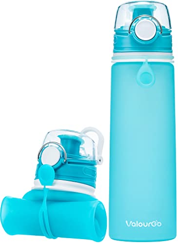 Valourgo Faltbare Wasserflasche mit Leck Sicherheitsventil - BPA Freies Silikon-Flasche Squeezy Trinkflasche für Sport Reisen Radfahren Camping – 600 Ml
