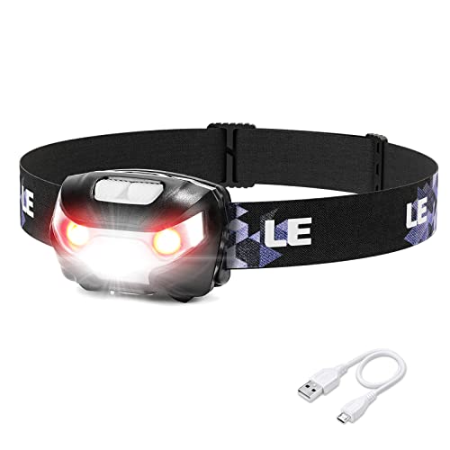 LE Stirnlampe LED Wiederaufladbar, USB Kopflampe 1300 Lux mit Rotlicht& 5 Lichtmodi, IPX4 Wasserdichte Mini Stirnlampe für Kinder Erwachsene, Superhell Headlight für Angeln Laufen [inkl. USB...