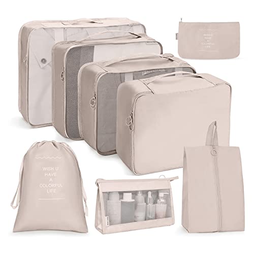OSDUE Koffer Organizer Set 8-teilig, Packing Cubes, Wasserdichte Reise Kleidertaschen, Packtaschen für koffer, Verpackungswürfel mit Kosmetiktasche, Schuhbeutel, USB Kabel Tasche (Beige)