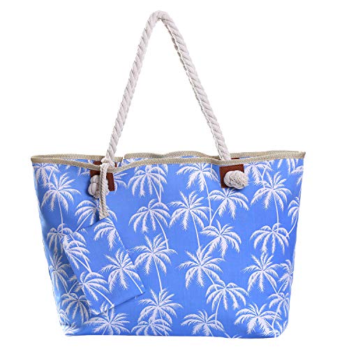 DonDon Badetasche XXL Familie Strandtasche Damen mit Reißverschluss Beach bag groß - gestreift Palmen weiß blau