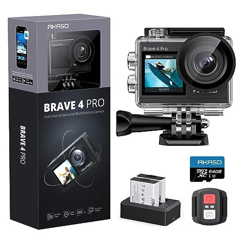 AKASO Brave 4 Pro Action Cam 4K30FPS 20MP mit 64GB U3 Speicherkarte 40M Unterwasserkamera Ultra HD Touchscreen 170 ° Weitwinkel, EIS Stabilisierung, 5X Zoom, 2.4G Fernbedienung und 2 Akkus...