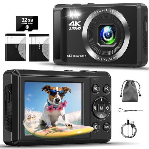 4K Digitalkamera mit 32 GB TF-Karte 44 MP Autofokus Fotoapparat mit 16X Digitalzoom Tragbar Kompaktkamera mit wiederaufladbare 2 1200mAh Batterien, USB-Kabel, für Teenager Erwachsene Anfänger