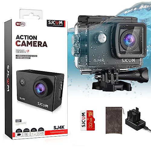 SJCAM SJ4000 Action Cam 4K30fps WiFi Kamera,40MP Ultra HD 170°FOV mit EIS Bildstabilisierung,Unterwasserkamera 30m/98ft Wasserdicht Kamera mit 2 Akkus, 32G SD Karte und Helmhalterung Zubehör...