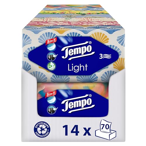 Tempo Light Box Taschentücher - Megapack - 14 Boxen, 70 Tücher pro Box - weiche Papiertaschentücher, waschmaschinenfest