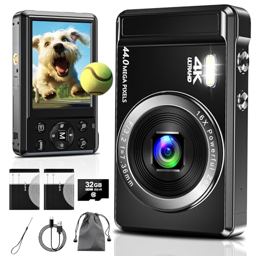 Digitalkamera 4K Fotokamera 44MP - mit 32 GB Speicherkarte Digital Camera16X Digitalzoom Einfache Tragbare Fotoapparat und wiederaufladbare 2 1200mAh Batterien für Kinder Teenager Senioren...