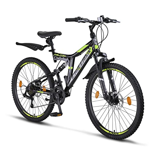 Chillaxx Bike Falcon Premium Mountainbike in 24 und 26 Zoll - Fahrrad für Jungen, Mädchen, Damen und Herren - Scheibenbremse- 21 Gang-Schaltung - Vollfederung (26 Zoll, Schwarz-Lime...
