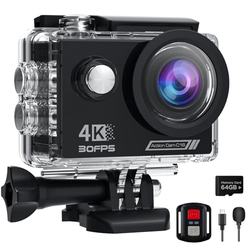 4K Action Cam mit 64G SD Card, 40M Unterwasserkamera WiFi 170° Helmkamera HD 20MP Wasserdicht Actionkameras EIS mit 2.4G Fernbedienung 2* Akkus Helmhalterung Zubehör Kits