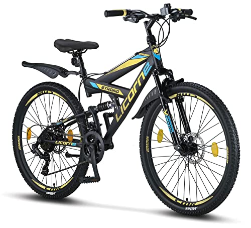 Licorne Bike Strong D Premium Mountainbike in 26 Zoll - Fahrrad für Jungen, Mädchen, Damen und Herren - Scheibenbremse vorne und hinten-Shimano 21 Gang-Schaltung-Vollfederung-Schwarz/Blau/Lime
