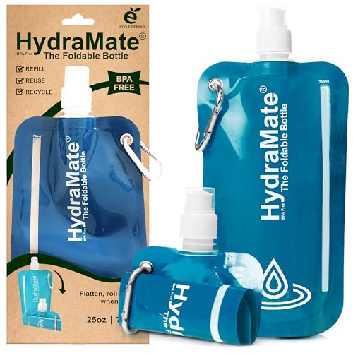 HydraMate Faltbare Trinkflasche 750ml Wiederverwendbare Faltbare Wasserflasche. Zusammenklappbare, Leichte, Flexible, Rollbare, BPA FREIE. Wasserbeutel nachfüllbar mit Karabinerhaken. Blau