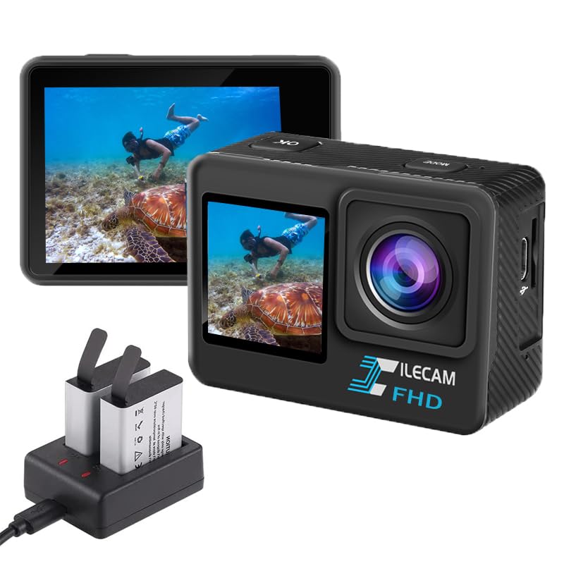 Xilecam Dual Screen Action Cam 1080P /WiFi wasserdichte Kamera, 4 x Zoom, 131 Fuß (40 m), wasserdichte Unterwasserkamera mit 2 x 1050 mAh Akku und Multifunktionalem Zubehör (L300)