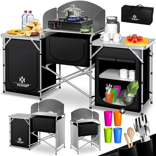 KESSER® Campingküche | Ink. Tragetasche | Campingschrank | mit Aluminiumgestell | Reiseküche | Küchenbox | Zeltschrank | Outdoor Camping Küche | inkl. Becherset | Modelle wählbar Schwarz