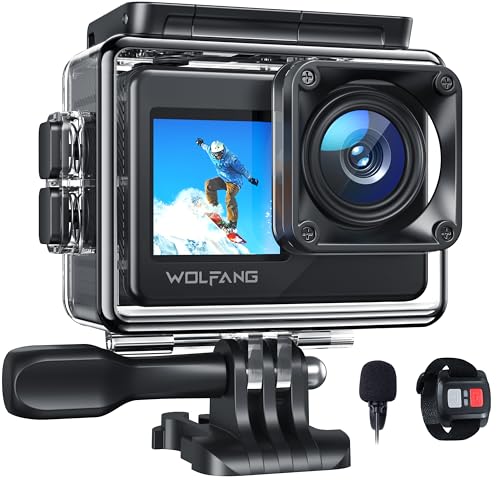 WOLFANG GA120 Action Cam 4K 20MP WiFi Kamera, Unterwasserkamera 40M Wasserdicht Kamera, 170° Weitwinkel Dual Screen Vlogging Kamera mit EIS Bildstabilisierung, Helmhalterung Zubehör Kits